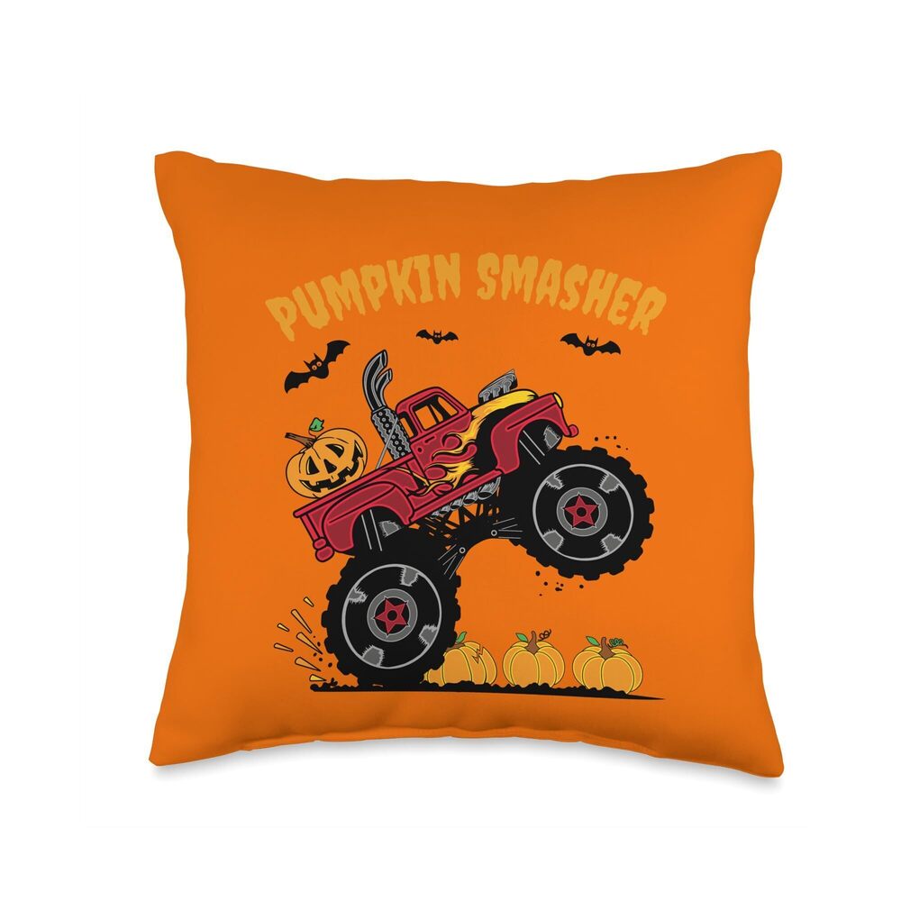 9053 Pumpkin Smasher Halloween Monster Truck Lover Throw Pillow